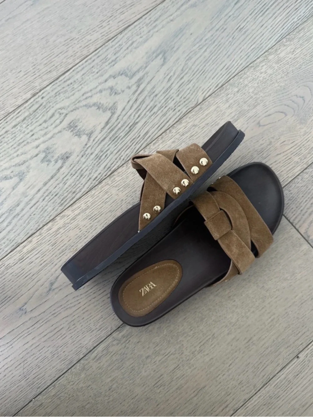 Zara Taupe Suede Double-Strap Slide Sandals - Picture 3 of 4